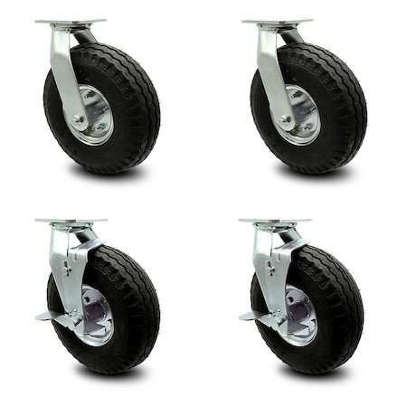 10 Inch Black Pneumatic Wheel Caster Swivel With Swivel Locks 2 With Brake, 4PK